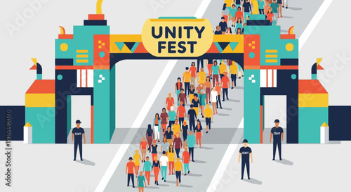 A clean flat design illustration showing people entering a vibrant music festival through a stylized gate, highlighting the start of an exciting event. 