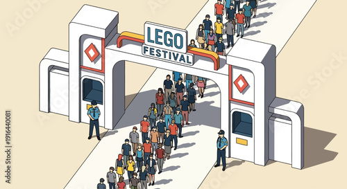 A clean flat design illustration showing people entering a vibrant music festival through a stylized gate, highlighting the start of an exciting event. 
