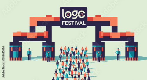 A clean flat design illustration showing people entering a vibrant music festival through a stylized gate, highlighting the start of an exciting event. 