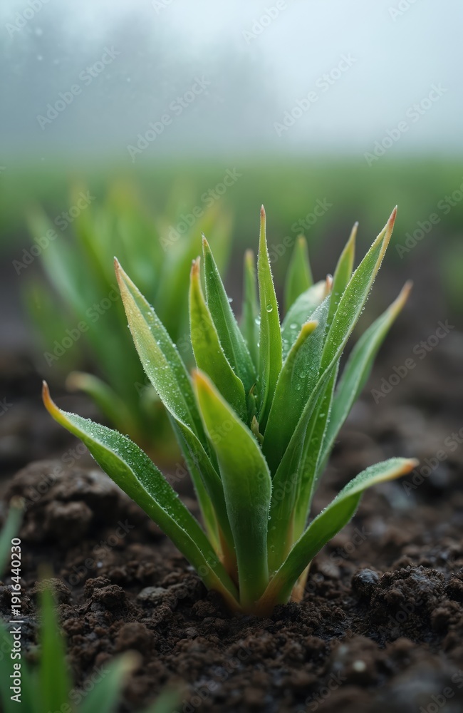 Fototapeta premium Green plant sprouts with water droplets grow from dark soil on foggy winter day. Small leaves have wet tips, hint of new life in cool air. Nature awakens slowly in soft, misty light.