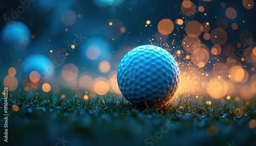 Blue golf ball rests on green grass, surrounded by glowing bokeh lights. Sparks fly around the ball, suggesting intense action or a dramatic moment on the course.