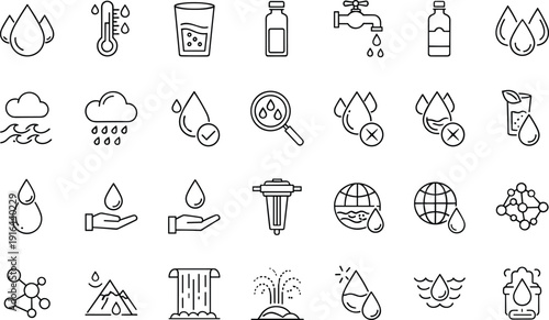 Water icons set line outline style droplets faucet filter purification hydration sanitation environment vector illustration collection isolated background design elements pack