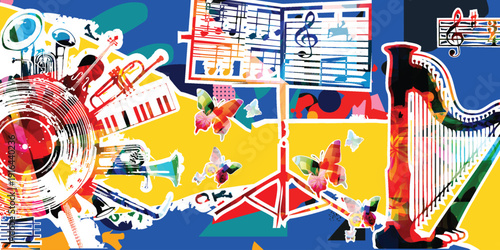 Maximalist Music Collage with Harp, Vinyl Record and Music Stand on Vibrant Abstract Background with Musical Instruments