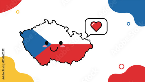 Smiling Czech Republic map character with a flag design and a red heart speech bubble for local travel and love.