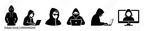 Hacker Silhouette Hoodie Cyber Security Black Vector Icon Set.