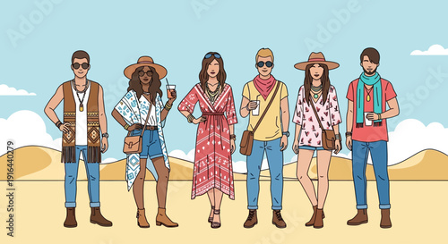 A stylish flat design illustration featuring diverse festival-goers showcasing popular Coachella fashion trends like bohemian and desert chic. 