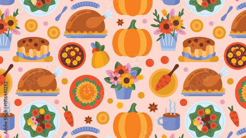 Seamless pattern of Thanksgiving dishes and autumn decor like pumpkins, roasted turkey, and pies on a light pink background