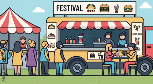 A lively flat design illustration showcasing a bustling food vendor stall at Coachella, offering diverse and delicious festival foods.  