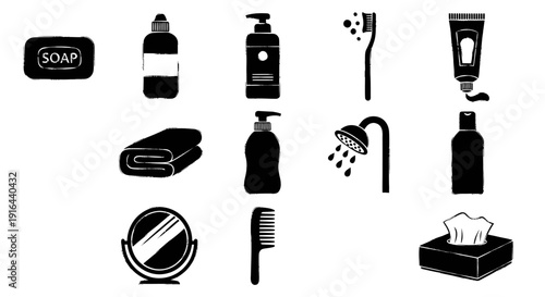 Collection of black silhouette icons representing soap, lotion, shampoo, shower, toothpaste, face towel, water bottle, soap dispenser, showerhead, hair gel, mirror, toothbrush, comb, and tissues