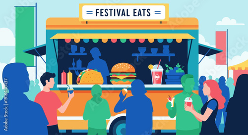 A lively flat design illustration showcasing a bustling food vendor stall at Coachella, offering diverse and delicious festival foods.  