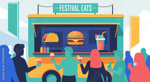 A lively flat design illustration showcasing a bustling food vendor stall at Coachella, offering diverse and delicious festival foods.  
