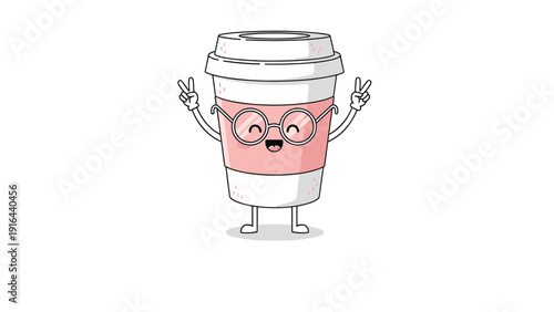 Cute coffee to go cup character wearing glasses and making peace signs for cafe and morning coffee lovers.