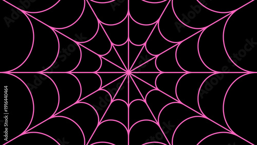 A vibrant pink spiderweb radiates from a central point against black.