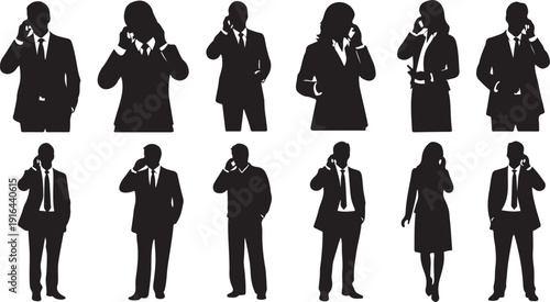 Business People Silhouettes Talking on Phones in Office Settings