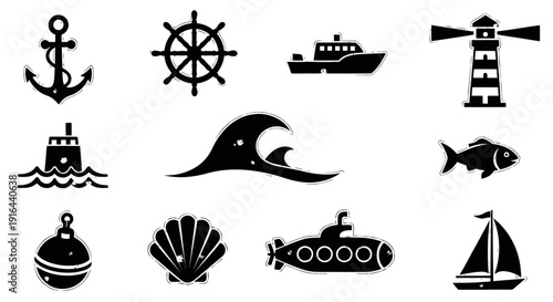 Collection of black nautical icons including an anchor, ship wheel, boat, lighthouse, submarine, wave, fish, and sailboat