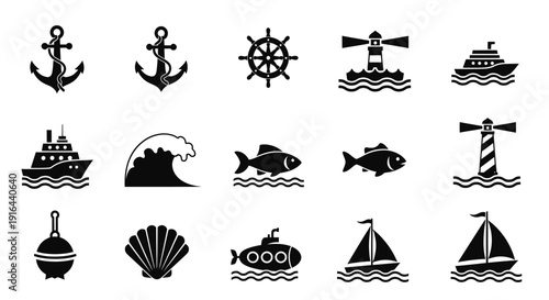 Collection of black nautical icons including anchors, ship wheels, lighthouses, ships, waves, fish, and marine objects