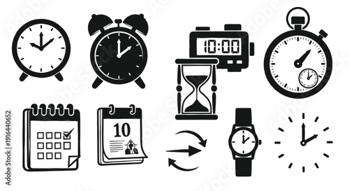 Collection of various clock, alarm, timer, calendar, and scheduling icons in black and white