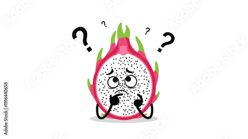 Thinking dragon fruit character with question marks representing exotic food discovery and healthy eating choices.