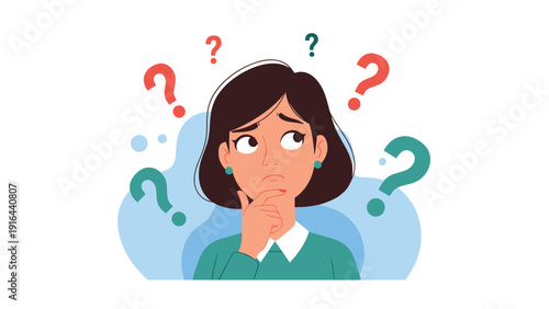 Confused young woman touching her chin and looking up while surrounded by many multiple colorful question marks.