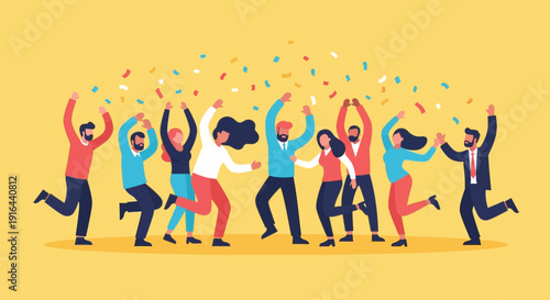 A dynamic flat design illustration depicting a joyful and diverse crowd dancing energetically amidst confetti at the Coachella festival. 