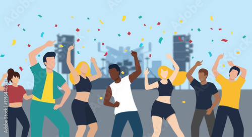 A dynamic flat design illustration depicting a joyful and diverse crowd dancing energetically amidst confetti at the Coachella festival. 