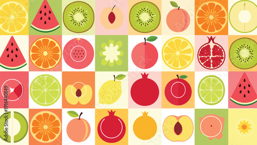 Colorful seamless pattern featuring various fruit slices and whole fruits like red watermelon, kiwi, and orange.