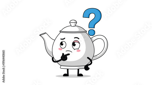 Thinking white teapot character with a question mark representing beverage choices and daily tea time indecision.
