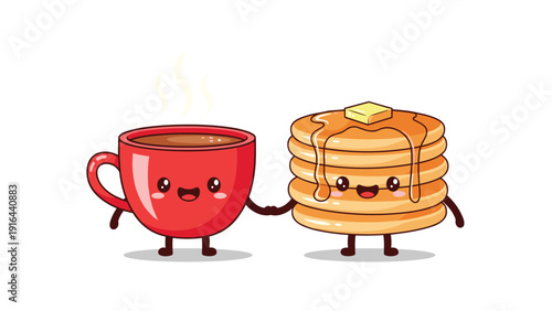 Happy red coffee cup and a stack of pancakes holding hands representing a delicious and cheerful breakfast.