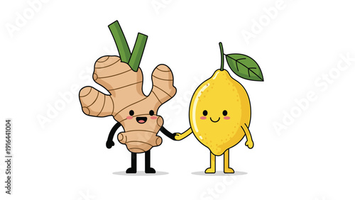 Cute ginger root and yellow lemon characters holding hands together to represent healthy natural immunity and tea.