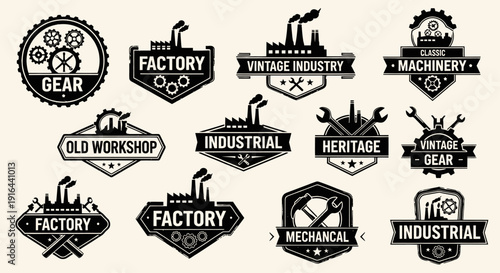 Collection of vintage-inspired black and white industrial and manufacturing badges with tools and machinery icons