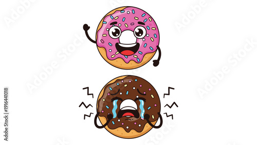 Contrast of emotions shown by a happy pink frosted donut and a crying chocolate glazed donut on a white background.