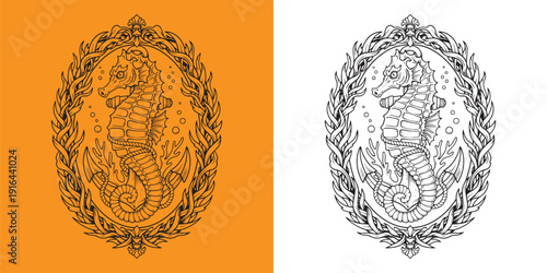 Vintage Seahorse with Nautical Anchor and Coral Reef in Engraving Style