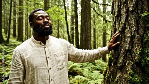 Man Standing in Forest Touching Tree Trunk.