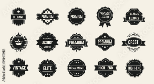 Collection of black and white vintage luxury badges with various emblem styles and ornate designs