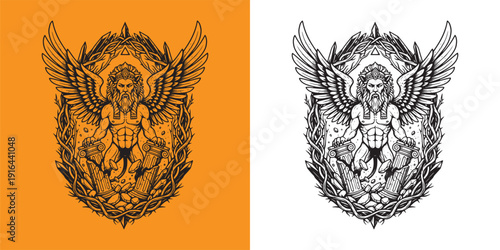 Powerful Winged Deity Guardian Breaking Stone Pillars Mythology Art