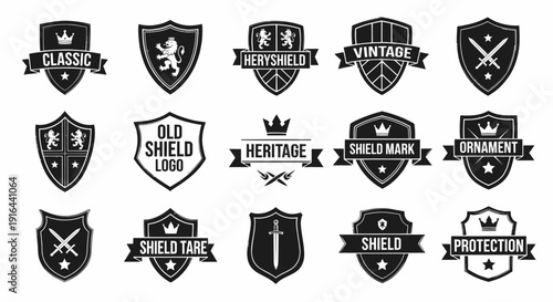 Collection of 15 black and white shield emblems with various heraldic symbols and text