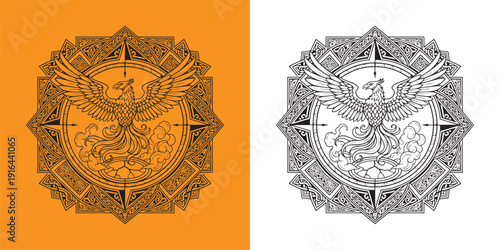 Majestic Phoenix Rising from Ashes in Sacred Geometry Mandala Frame