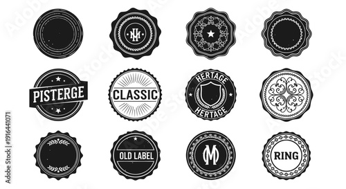 Collection of 12 vintage-style badge labels with intricate designs, text, and emblem elements
