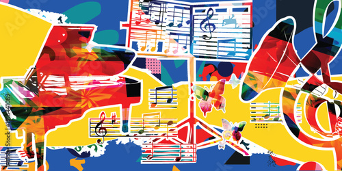 Maximalist Music Collage with Grand Piano, Gramophone and Sheet Music Stand on Vibrant Abstract Background