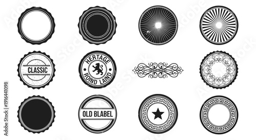 Collection of black and white vintage badge and label designs with various patterns and texts