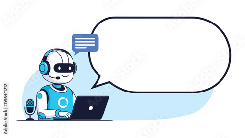 Intelligent robot character wears a headset and uses a laptop with a blank speech bubble for AI communication.