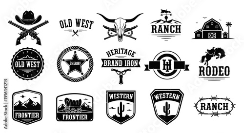 Collection of vintage western and ranch themed black silhouettes including animals, badges, and scenery