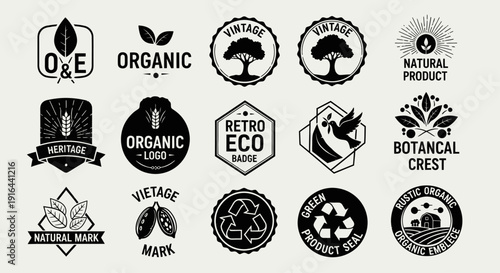 Collection of black and white eco-friendly, vintage, natural, and organic product labels and badges