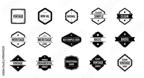 Collection of vintage logo badges with various labels, shapes, and minimalist designs in black and white