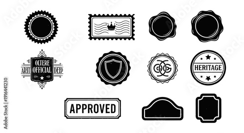 Collection of black and white vintage-style badge and stamp emblems with various borders and text elements