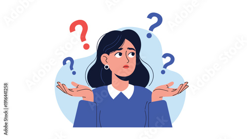 Young woman with black hair looks confused with her hands palms up and several question marks around her head.