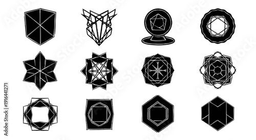Collection of twelve black-and-white geometric patterns and shapes with various lines and forms