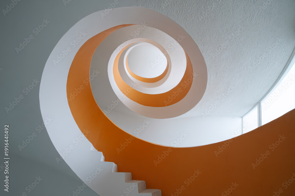 Fototapeta premium Spiral staircase with orange and white colors.