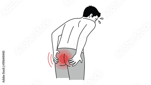 Illustration of a man experiencing pain or discomfort in his lower back and buttocks area with red highlights.