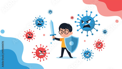 Brave young boy wearing glasses defends himself from colorful viruses using a blue sword and a large shield.